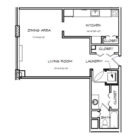 A floor plan of a small apartment with a living room, dining area, kitchen, bathroom, and laundry room.